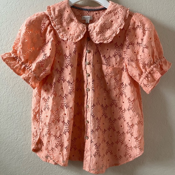 Pilcro Keira Lace Blouse by Anthropologie Womens Coral Collar Puff Sleeve Top XS - Picture 4 of 17